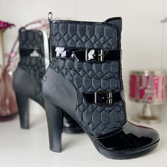 Calvin Klein Diamond Quilted Nylon Leather Trim Heeled Ankle Booties Black 8.5 - Picture 2 of 15